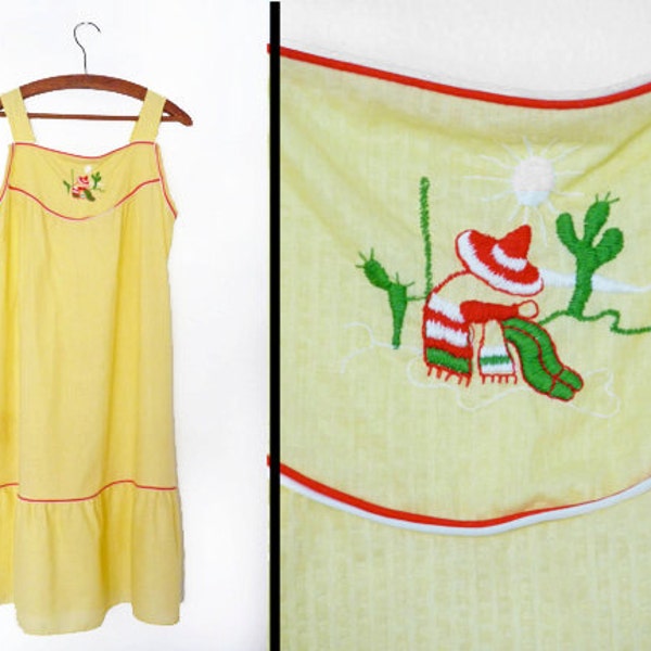 MEXICAN Sun Dress Yellow Cotton 1970s Cacti Embroidery Size Medium