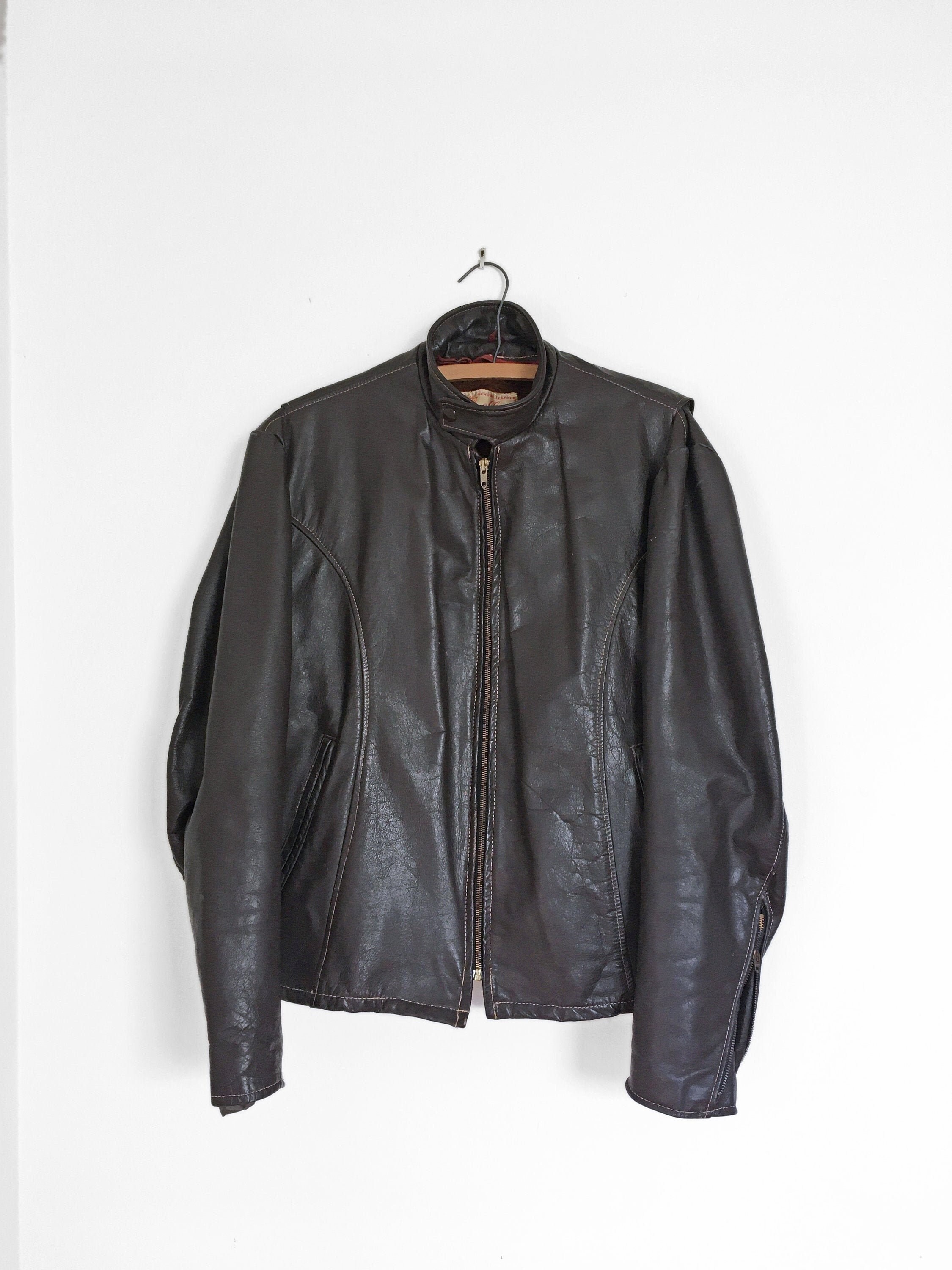 70s Men S Cafe Racer Leather Jacket With Zip Out Liner Etsy