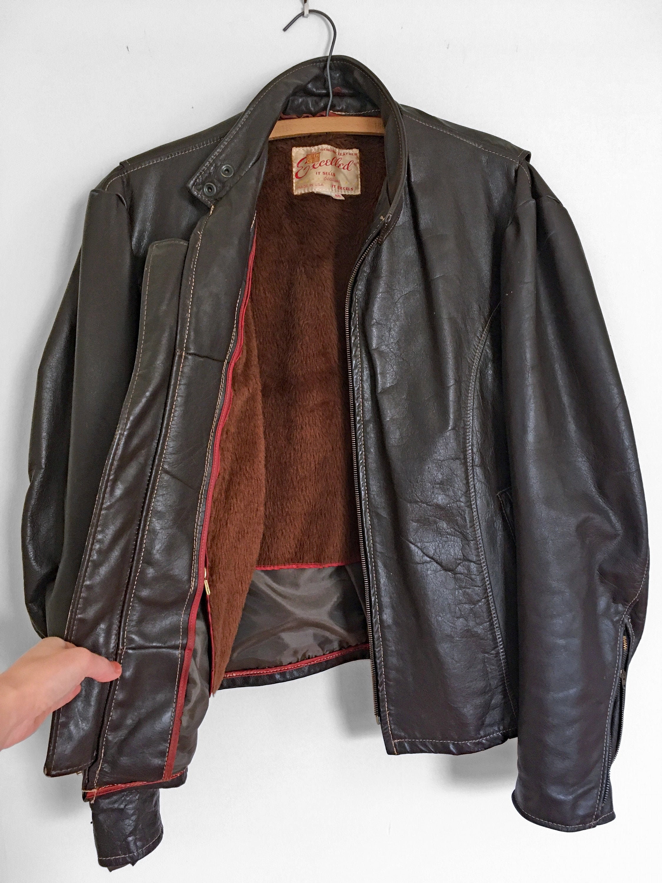 Mens vintage cafe store racer leather jacket