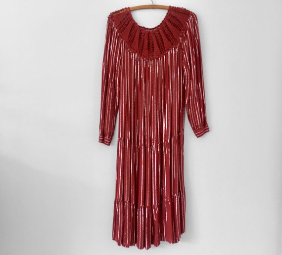 70s Hippie PEASANT Dress in Burgundy & Metallic S… - image 2