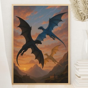 Puede incluir: Impresión enmarcada que representa tres dragones volando contra un cielo al atardecer. Los dragones son negros, azules y dorados, con una cordillera y un castillo al fondo. La obra es de estilo fantasía.