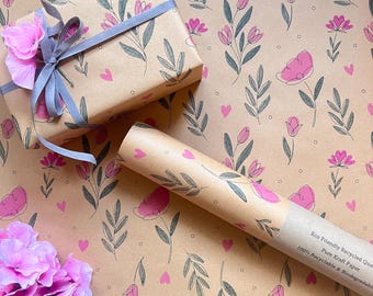 Wrapping Paper KRAFT Pink Hearts & Flowers Eco Gift Wrap Bulk Sheet Roll Birthday