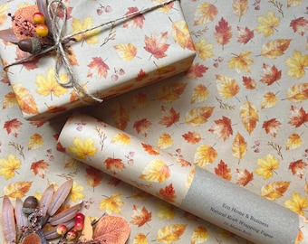 Autumn Wrapping Paper KRAFT Maple Leaves Eco Gift Wrap Bulk Sheet Roll Birthday