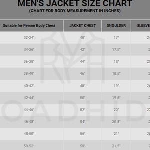Puede incluir: Una tabla de tallas de chaquetas para hombre, que muestra las medidas en pulgadas. La tabla incluye tallas de 2XS a 5XL, con las medidas correspondientes de pecho, hombros y largo de manga. El texto "MEN'S JACKET SIZE CHART" est&aacute; en la parte superior.