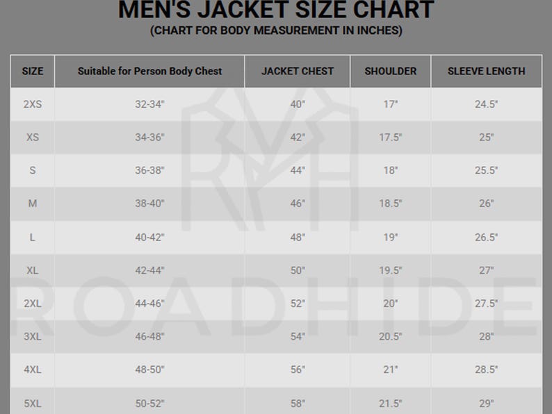 Puede incluir: Una tabla de tallas de chaquetas para hombre, que muestra las medidas en pulgadas. La tabla incluye tallas de 2XS a 5XL, con las medidas correspondientes de pecho, hombros y largo de manga. El texto "MEN'S JACKET SIZE CHART" est&aacute; en la parte superior.