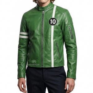 May include: Green leather jacket with white stripes and the number 10 patch. The jacket has a zip closure, a stand-up collar, and a Roadhide logo. A stylish outerwear piece.