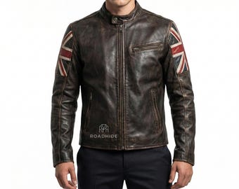 Chaqueta de cuero desgastada estilo motero marrón con la bandera del Reino Unido / Chaqueta Cafe Racer para hombre