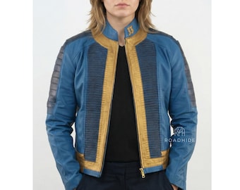 Chaqueta de cuero azul y dorado de Lucy Vault 33 Fallout / Chaqueta de cosplay de New Vegas
