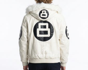Chaqueta bomber de cuero con capucha 8 Ball blanca para hombre / Sudadera con capucha estilo Robert Phillipe