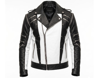 Chaqueta de cuero Pepsi de Michael Jackson / Abrigo de motociclista blanco y negro / Cosplay de MJ