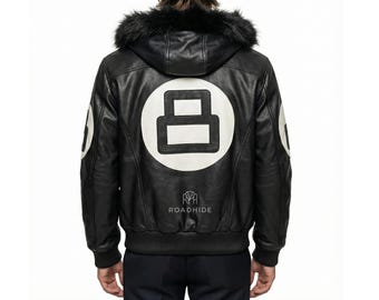 Chaqueta de 8 bolas de Robert Phillipe para hombre con capucha de piel / Cosplay de cuero de 8 bolas de billar
