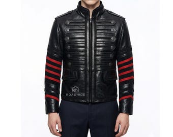 Chaqueta militar de cuero de herencia británica negra para hombre de la Marina Real / Abrigo de desfile con tachuelas de húsar