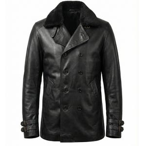 May include: A black leather double-breasted coat with a black fur collar. The coat features two rows of buttons, two front pockets, and adjustable straps on the sleeves. A classic outerwear garment.