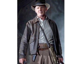 Chaqueta de cuero marrón desgastada de Indiana Jones 5 / Bomber estilo aventura / Abrigo de cuero de Harrison Ford