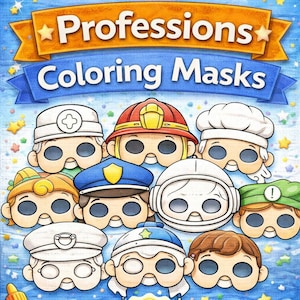 Pode incluir: Ilustração colorida com máscaras para colorir com tema de profissões. A imagem inclui máscaras de médico, bombeiro, chef, policial, astronauta e mais. Acessórios como cola, tesoura e lápis de cor também são mostrados. O texto diz "Professions Coloring Masks" e "20 Printable Masks."