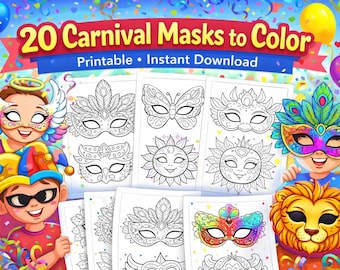 20 maschere di Carnevale da colorare - Pagine da colorare stampabili per bambini - Attività per la classe e le feste