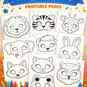 Może przedstawiać: Zestaw 20 wydrukowanych masek zwierząt do kolorowania, w tym lew, tygrys, żyrafa, słoń, owca, królik, lis, kot i sowa. Obraz zawiera również materiały plastyczne.