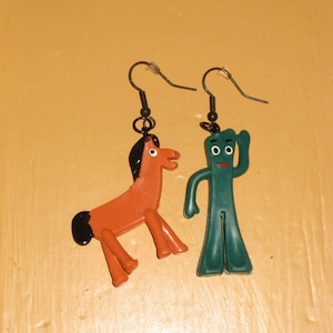 Gumby Pokey Earrings Original Retro Cartoon Characters Upcycled Toys Novelty Jewelry Gift Sixties TV Claymation Cartoon Series Green Orange