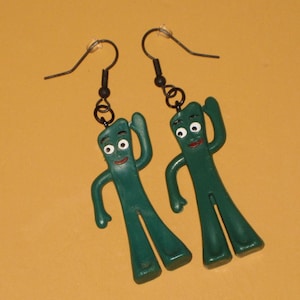 Gumby Earrings Upcycled Toys Novelty Jewelry Gift 1 3/4&quot; Original Retro Cartoon Characters 1960s TV Claymation Series Green Blocky Humanoid