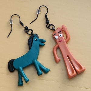 Opposite Gumby Pokey Earrings Orange Green Original Retro Cartoon Characters Upcycled Toys Novelty Jewelry Gift 1960s TV Claymation Cartoon
