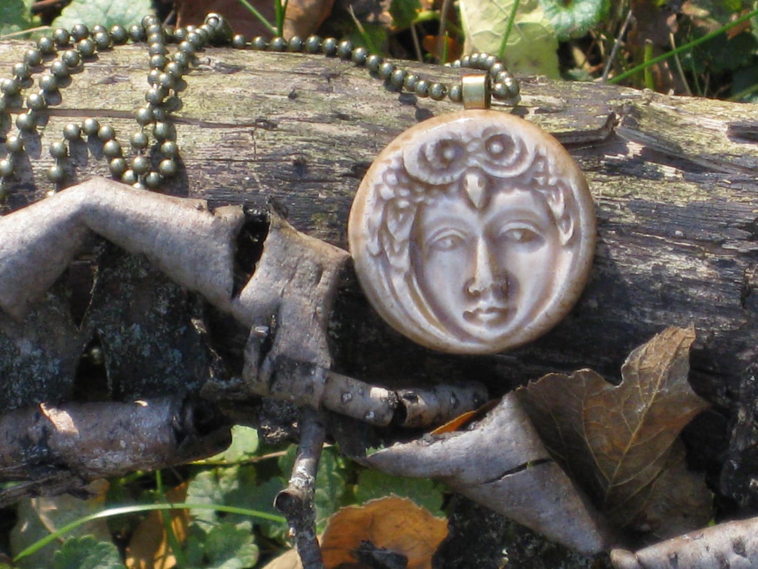 Pottery Owl Necklace Woman Face Woodland Fantasy Jewelry Gift For Her Natures Earth Woman Owl Animal