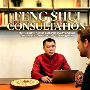 Op de afbeelding: Een afbeelding die Feng Shui-consultatiediensten promoot. De tekst "FENG SHUI CONSULTATION" wordt prominent weergegeven. De afbeelding toont twee mannen, een in een rood overhemd, aan een bureau met een laptop en een kompasachtig gereedschap. Extra tekst luidt: "Mystical power of the East, Personality and fate analysis, Character code, Life navigation."