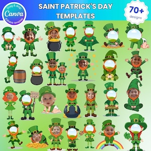 May include: A collection of Saint Patrick's Day templates featuring leprechaun designs. The templates include various poses and styles, with green outfits, hats, and beards. The image also includes the text "Saint Patrick's Day Templates" and "70+ designs".