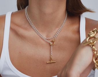 18K Gold Vermeil Lariat Necklace, Long T-Bar Belcher Chain, Wrap Drape Layered Statement Necklace, Sterling Silver Versatile Adjustable