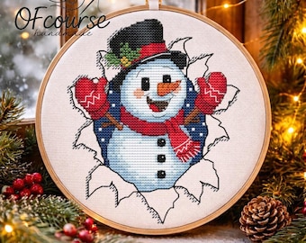 Hallo Schneemann Kreuzstichmuster, lustige Weihnachtsstickerei PDF