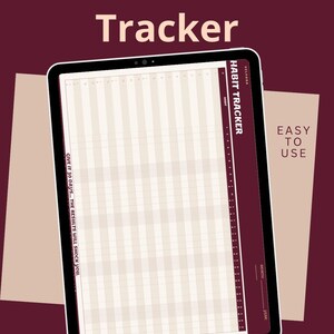 Pode incluir: Um rastreador digital de hábitos e metas com o texto "Habit & Goals Tracker" em um fundo bordô. O rastreador é exibido em um tablet com um layout de grade para rastrear hábitos. O texto "Give it 30 days... the results will shock you" também é visível.