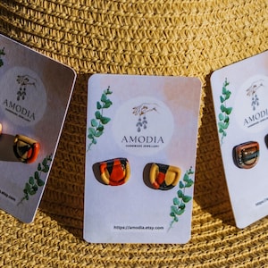 Handmade Geometric Polymer Clay Earrings, Resin Coated, Terracotta Abstract Studs