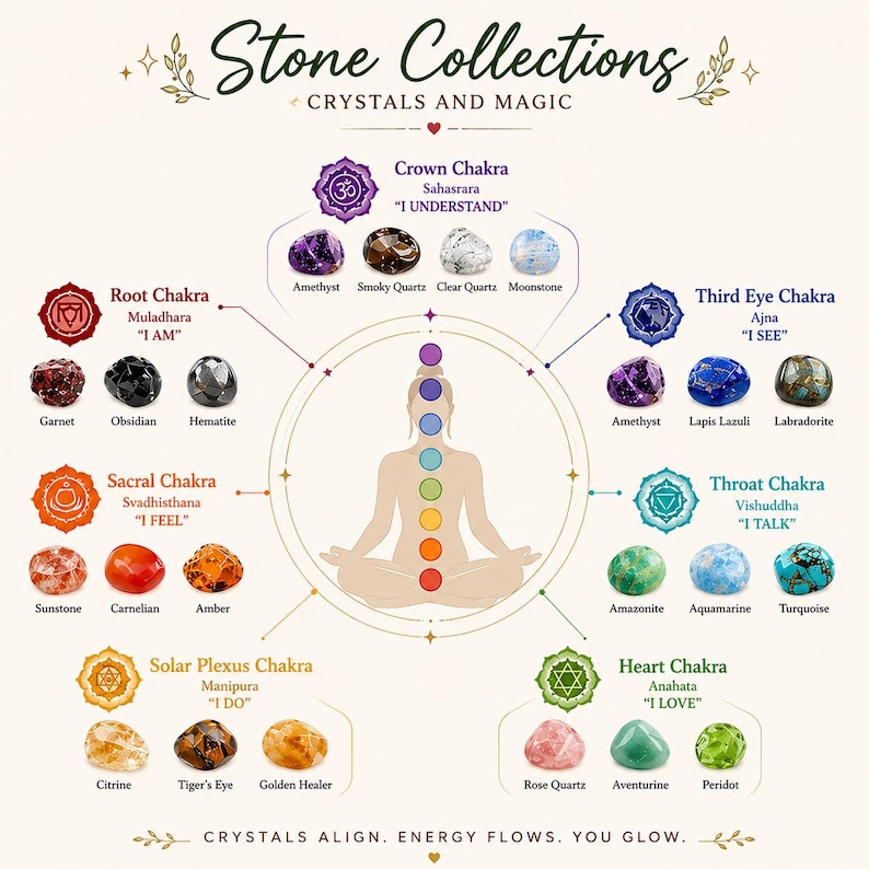 May include: An illustrated guide to chakra stones. The image features a central figure surrounded by diagrams and gemstones. Each section highlights a chakra, its associated color, and corresponding crystals like amethyst, garnet, and rose quartz.