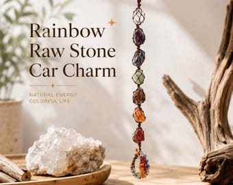 Rainbow Raw Stone Car Car Charm, Natural 7 Chakra Crystal Hanging Healing Ornament Gift