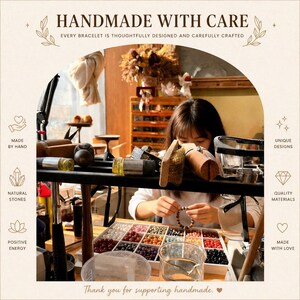 May include: A woman crafting a beaded bracelet at a workbench. The image features text that reads "HANDMADE WITH CARE" and "Thank you for supporting handmade." Various beads in different colors are displayed in trays.