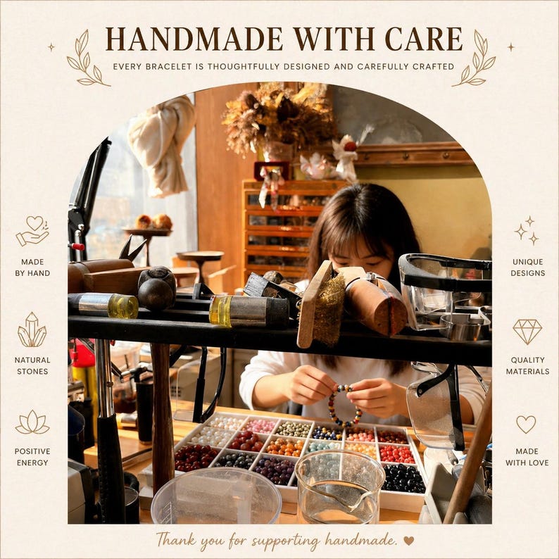 May include: A woman crafting a beaded bracelet at a workbench. The image features text that reads "HANDMADE WITH CARE" and "Thank you for supporting handmade." Various beads in different colors are displayed in trays.