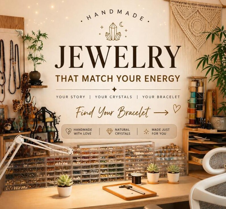 May include: A jewelry studio with the text "JEWELRY THAT MATCH YOUR ENERGY". The image shows a workspace with jewelry-making supplies, including beads, tools, and plants. The words "HANDMADE WITH LOVE", "NATURAL CRYSTALS", and "MADE JUST FOR YOU" are also visible.