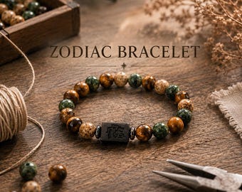 Tiger Eye Zodiac Bracelet, Protection Crystal Jewelry, Energy Gift for Him Her, Confidence Strength