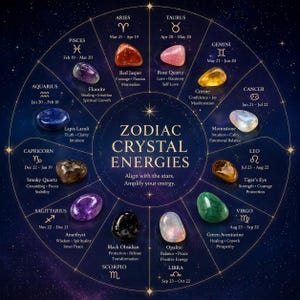 May include: A circular zodiac chart on a dark blue background featuring twelve polished crystals. Each section displays a zodiac sign, date range, crystal name, and associated properties. The central text reads ZODIAC CRYSTAL ENERGIES, Align with the stars. Amplify your energy.