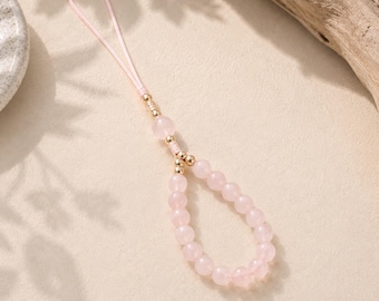 Rose Quartz Phone Charm Lanyard, Natural Pink Crystal Wrist Strap