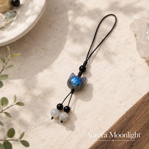 Labradorite Cat Phone Charm, Hand-Carved Blue Flash Crystal Lanyard, Moonstone Beads