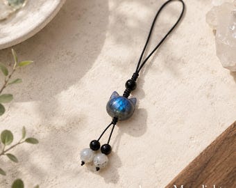 Labradorite Cat Phone Charm, Hand-Carved Blue Flash Crystal Lanyard, Moonstone Beads