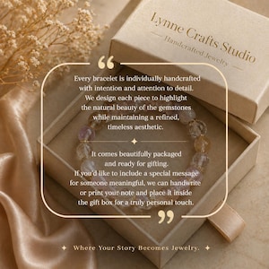 May include: A beaded bracelet featuring translucent, multi-coloured gemstones with gold-toned accents, presented inside an open beige cardboard gift box labelled Lynne Crafts Studio Handcrafted Jewelry, with text overlay describing the product.