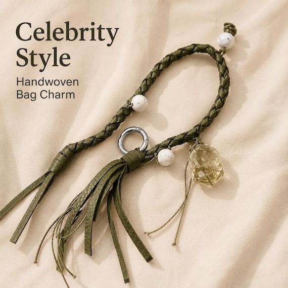 Celebrity Style Woven Bag Charm, Handwoven Crystal Gemstone Keychain Accessory