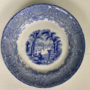 Antique Blue Transferware Plate Venus Pattern 19th century by Podmore Walker and Co Staffordshire, England