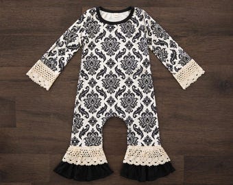 Baby Girls Black/Cream Lace Damask Romper