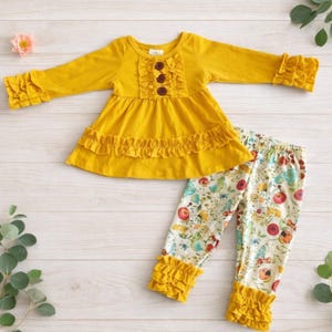 Girls Yellow Floral Ruffle Pants Set – Cotton Top, Milksilk Blend Bottoms