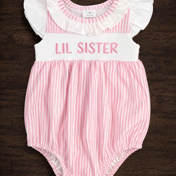 Baby Girls Pink Striped Little Sister Smocked Bubble Romper Outfit