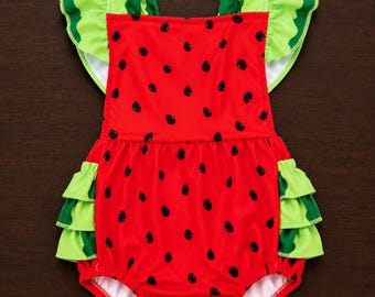 Girls Watermelon Bubble Romper: Summer Picnic, 4th of July Sun Suit