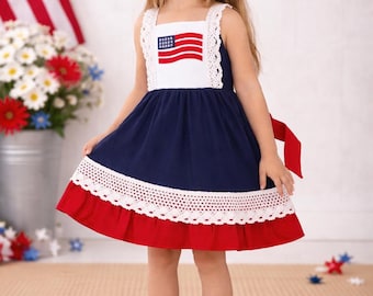 Girls Navy/Red Patriotic Cotton Lace Flag 4th of July Dress