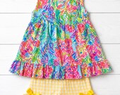 Girls Yellow and Pink gingham floral Summer Shorts Set